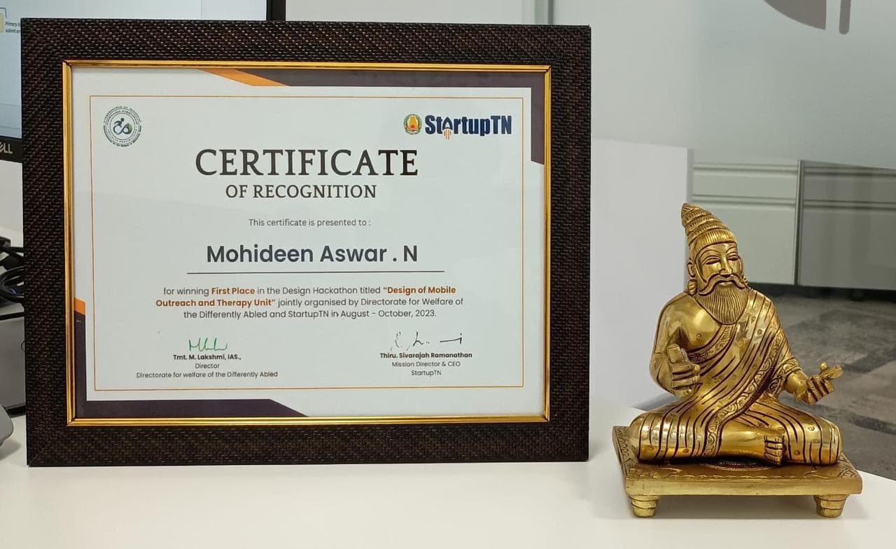 Certificate of recognition for first place in the Mobile Outreach and Therapy Unit design hackathon